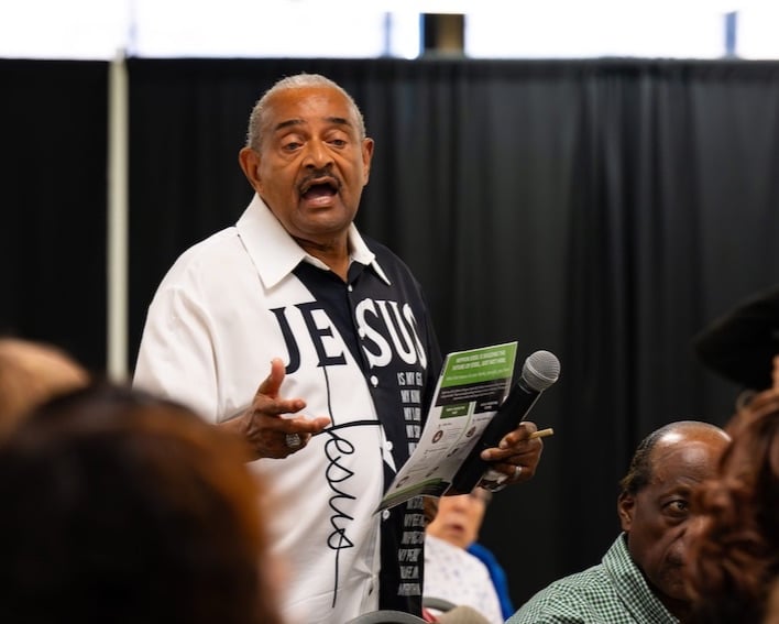 State Rep. Vernon Smith speaks during a town hall on the future of steel Thursday at the Gary Public Library. (Javonte Anderson/Capital B)