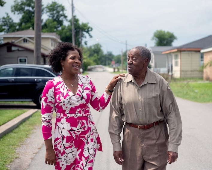 Kimbrelle Kyereh, who lives close to chemical storage tanks in St. Rose, Louisiana, is pictured with her father, Alphonse Eugene Sr. (Akasha Rabut/Floodlight)