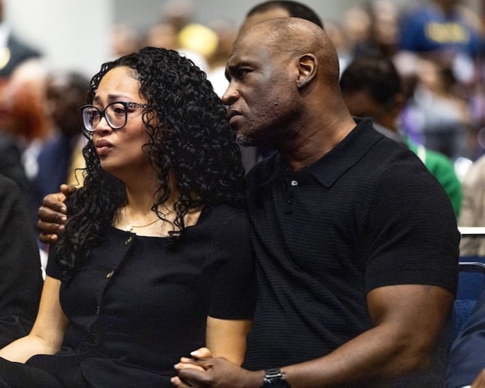 Elmore Wonsley and Christine Wells-Wonsley, the parents of Nolan Wells, listen as attorney Ben Crump goes over the results of an independent autopsy of Wells during a press conference at the annual NAACP National Convention on July 22, 2026 in Chicago (Photo by Scott Olson/Getty Images)